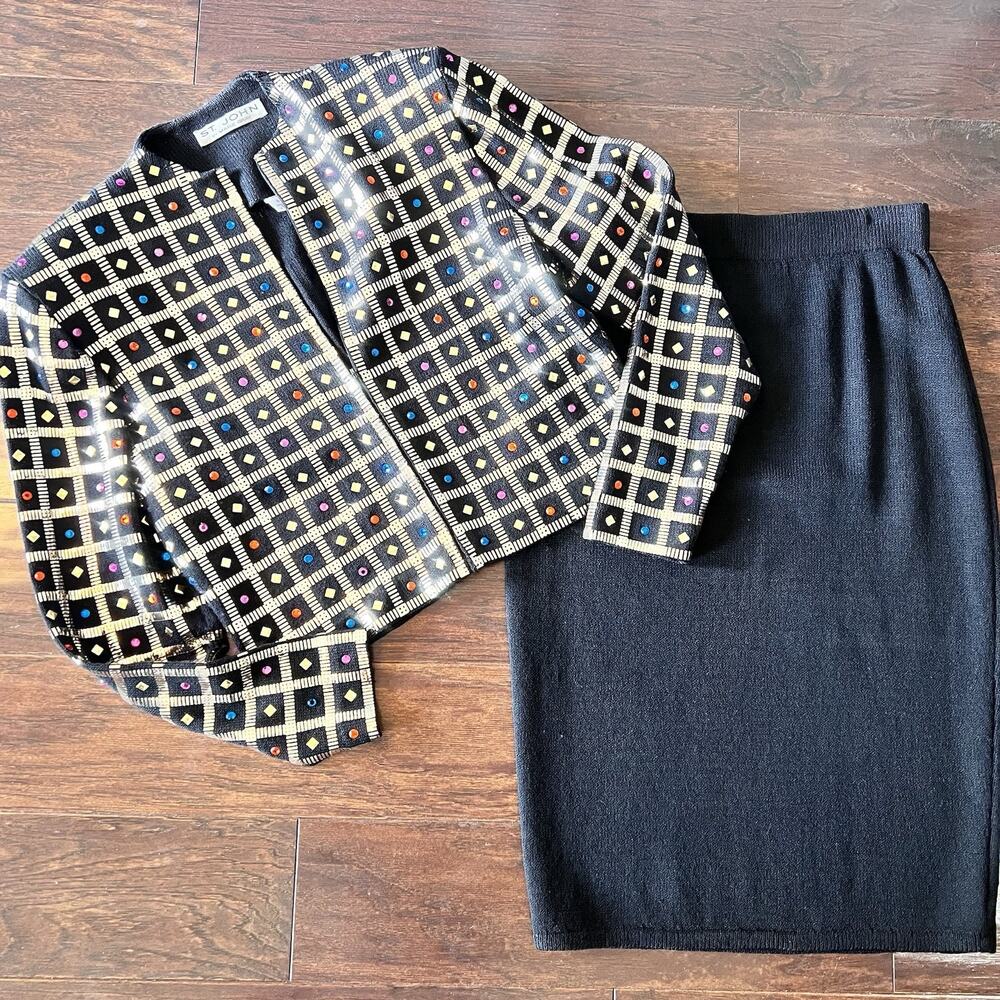 St. John Marie Gray rhinestone paillette checkered knit jacket Skirt Santana Sz4